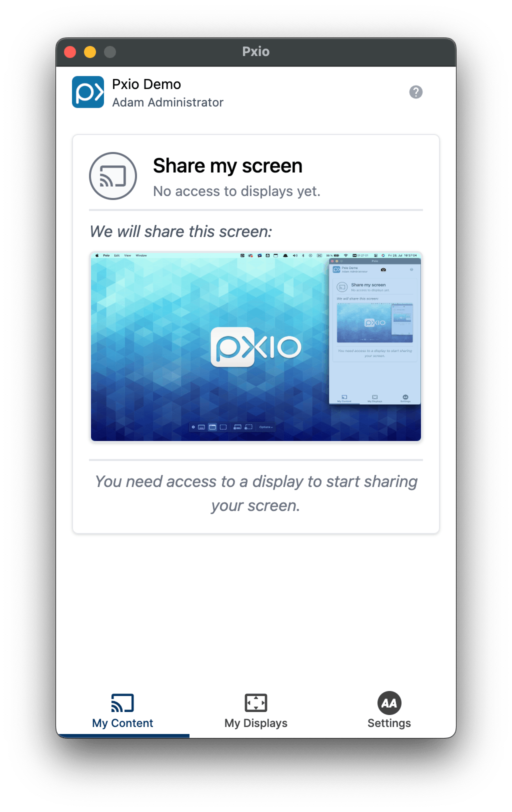 Pxio-App - Ansicht während der Bildschirmfreigabe