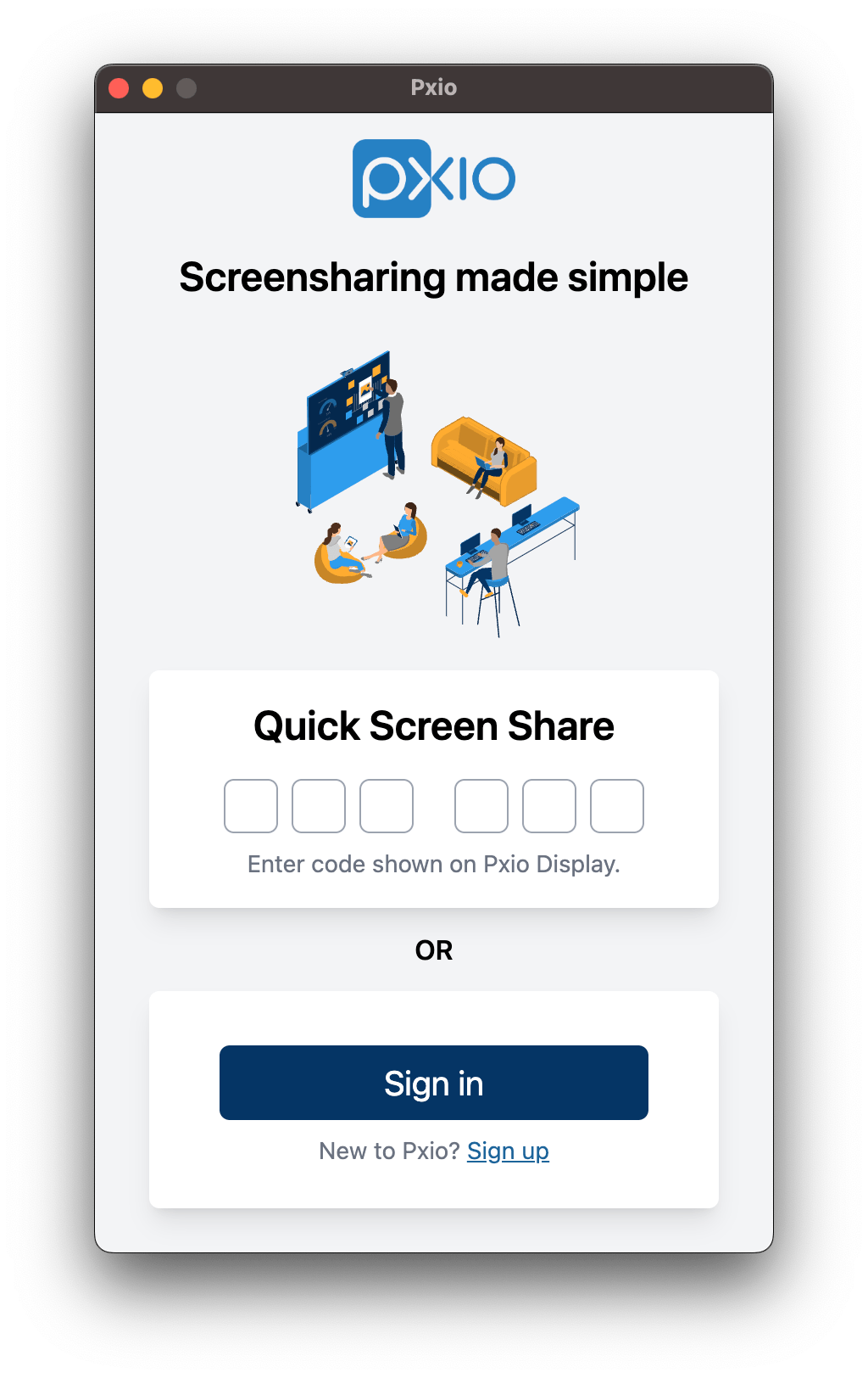 Pxio-App - Ansicht für schnelles Bildschirmfreigabe-Login