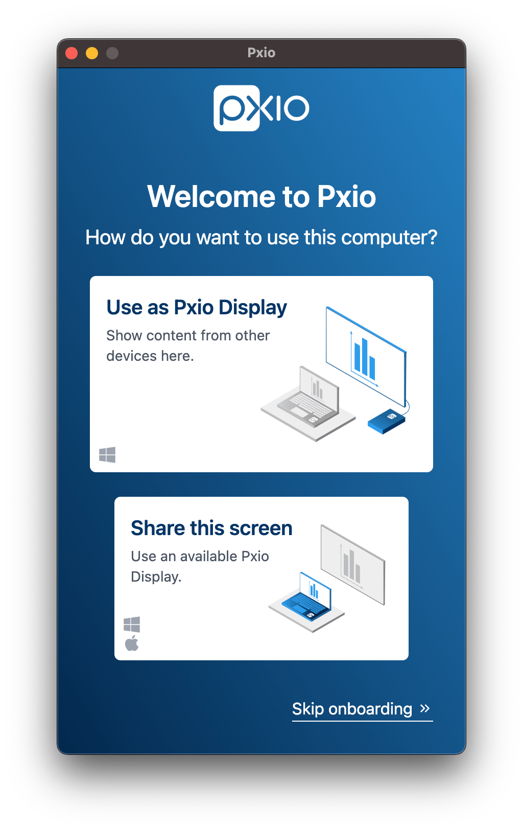 Pxio-App - Willkommen / Onboarding